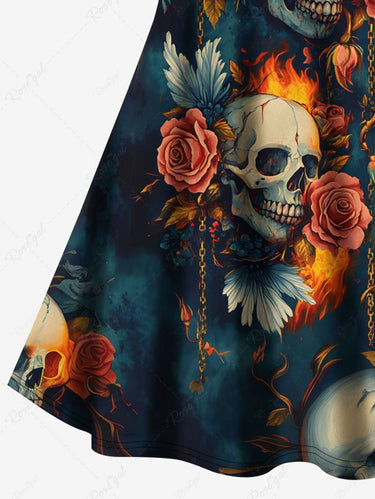 Gothic Plus Size Distressed Skull Rose Flower Fire Flame Print Crisscross A Line Cami Dress