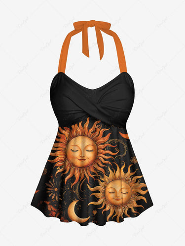 Gothic Sun Moon Floral Print Twist Halter Cinched Boyleg Tankini Swimsuit