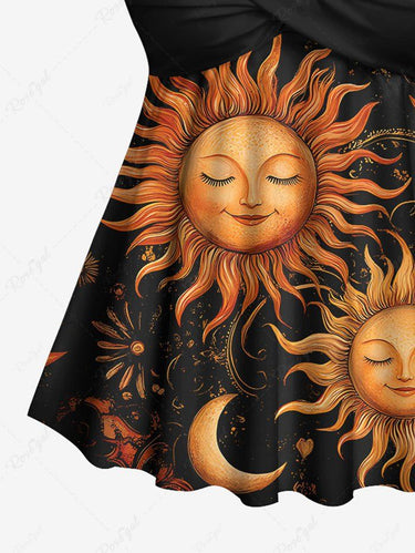 Gothic Sun Moon Floral Print Twist Halter Cinched Boyleg Tankini Swimsuit