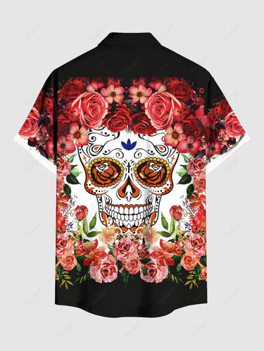 Gothic Plus Size Skull Rose Flower Print Button Pocket Shirt For Men