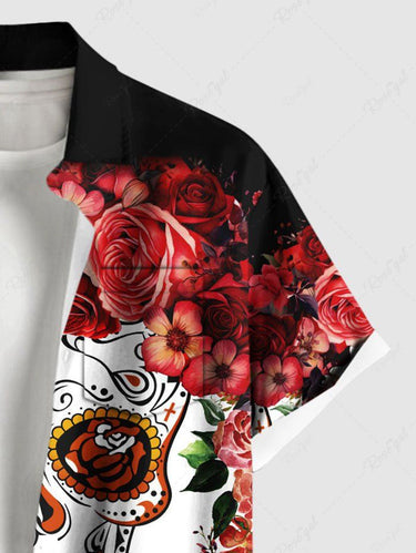 Gothic Plus Size Skull Rose Flower Print Button Pocket Shirt For Men