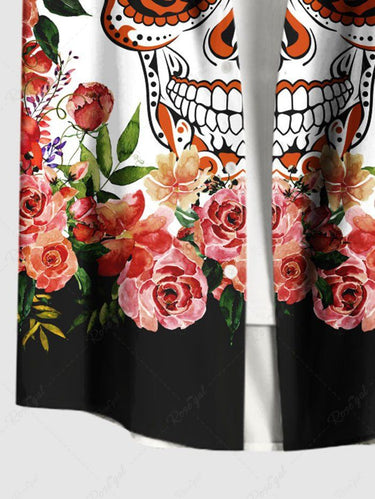 Gothic Plus Size Skull Rose Flower Print Button Pocket Shirt For Men