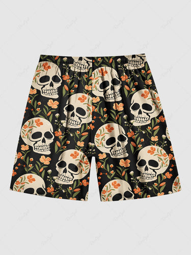 Gothic Plus Size Skull Floral Leaves Print Drawstring Beach Shorts For Men