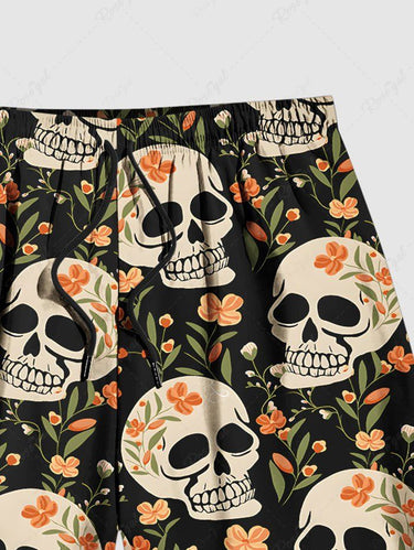 Gothic Plus Size Skull Floral Leaves Print Drawstring Beach Shorts For Men