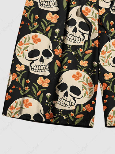 Gothic Plus Size Skull Floral Leaves Print Drawstring Beach Shorts For Men