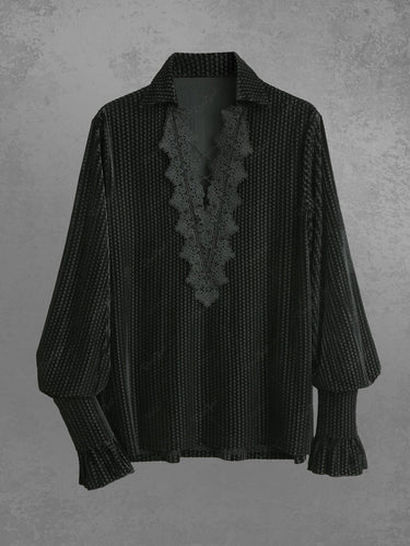 Gothic Zig Zag Striped Applique Lace Up Long Sleeve Turn-down Collar Blouse For Men