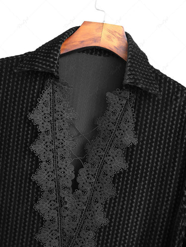 Gothic Zig Zag Striped Applique Lace Up Long Sleeve Turn-down Collar Blouse For Men