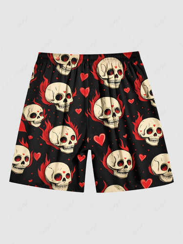 Gothic Plus Size Skull Heart Fire Flame Print Drawstring Beach Shorts For Men