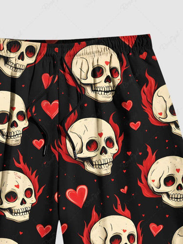Gothic Plus Size Skull Heart Fire Flame Print Drawstring Beach Shorts For Men