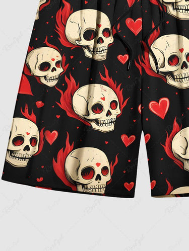 Gothic Plus Size Skull Heart Fire Flame Print Drawstring Beach Shorts For Men