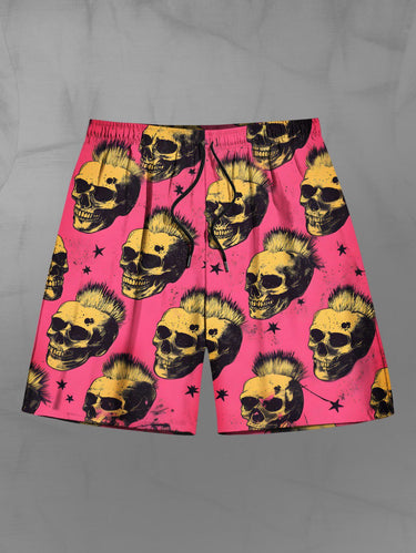 Gothic Plus Size Rock Skull Stars Print Drawstring Beach Shorts For Men