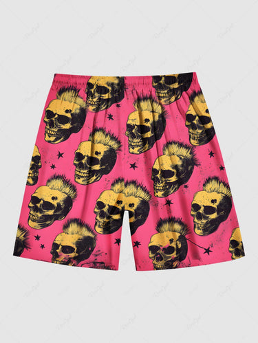 Gothic Plus Size Rock Skull Stars Print Drawstring Beach Shorts For Men