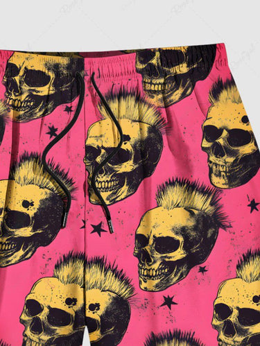 Gothic Plus Size Rock Skull Stars Print Drawstring Beach Shorts For Men