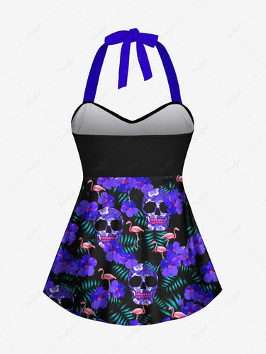 Gothic Skull Floral Tropical Leaves Flamingo Print Hawaii Twist Halter Cinched Boyleg Tankini Swimsuit