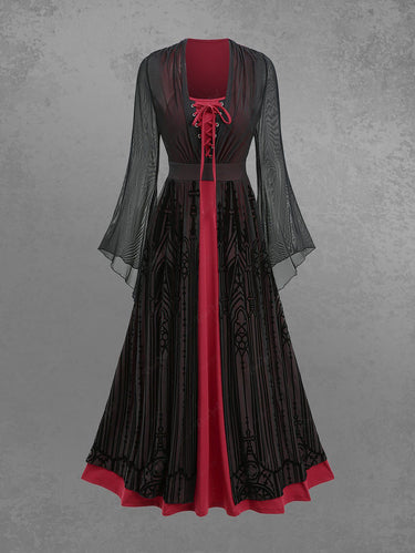Gothic Flare Sleeves Mesh Flocking Lace Up 2 in 1 A Line Dress