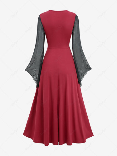 Gothic Flare Sleeves Mesh Flocking Lace Up 2 in 1 A Line Dress