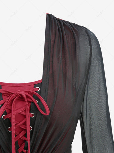 Gothic Flare Sleeves Mesh Flocking Lace Up 2 in 1 A Line Dress