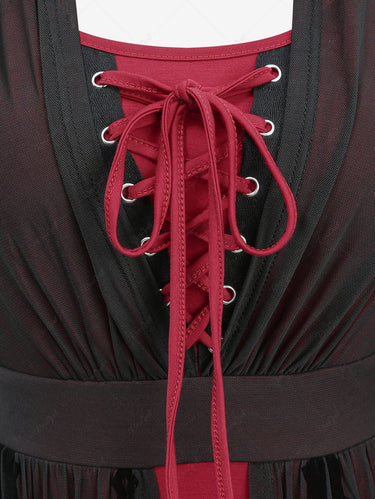 Gothic Flare Sleeves Mesh Flocking Lace Up 2 in 1 A Line Dress