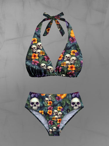 Gothic Skull Tropical Leaves Floral Print Hawaii Plunging Halter Backless Bikini Set