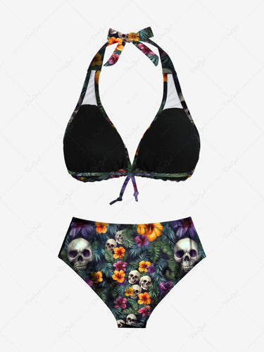 Gothic Skull Tropical Leaves Floral Print Hawaii Plunging Halter Backless Bikini Set