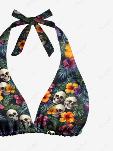 Gothic Skull Tropical Leaves Floral Print Hawaii Plunging Halter Backless Bikini Set