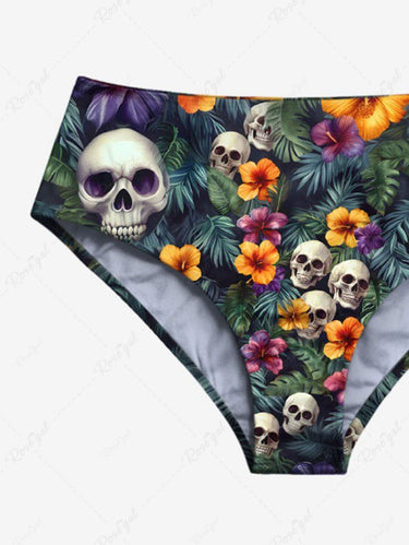 Gothic Skull Tropical Leaves Floral Print Hawaii Plunging Halter Backless Bikini Set