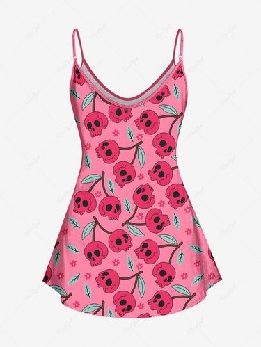 Gothic Plus Size Skull Cherry Leaves Floral Printed Cami Top(Adjustable Shoulder Strap)