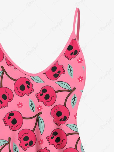 Gothic Plus Size Skull Cherry Leaves Floral Printed Cami Top(Adjustable Shoulder Strap)