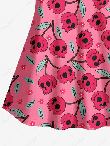 Gothic Plus Size Skull Cherry Leaves Floral Printed Cami Top(Adjustable Shoulder Strap)