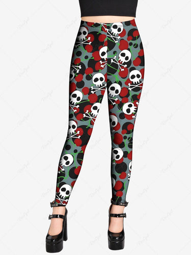 Gothic Plus Size Skull Bone Cherry Print Skinny Leggings