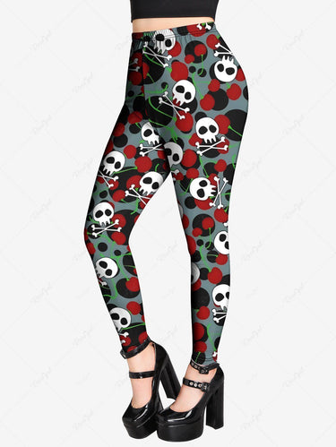 Gothic Plus Size Skull Bone Cherry Print Skinny Leggings