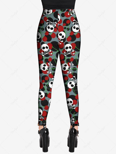 Gothic Plus Size Skull Bone Cherry Print Skinny Leggings