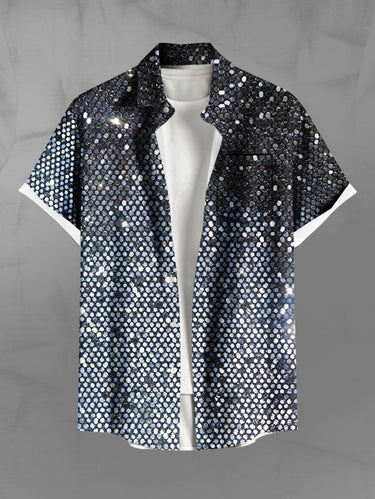 Gothic Plus Size Glitter Sequins Galaxy Print Button Pocket Shirt For Men