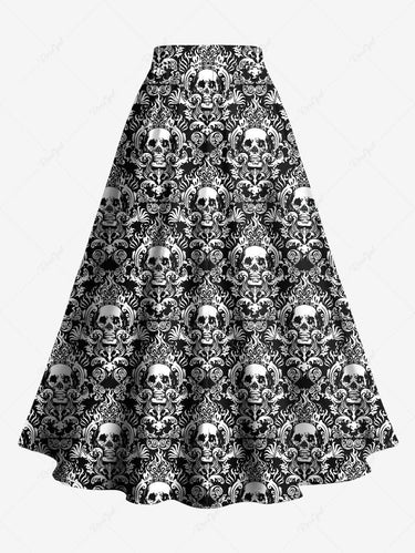 Gothic Plus Size Vintage Floral Pattern Skull Print Split A Line Skirt