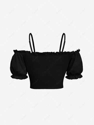 Gothic Plus Size Cold Shoulder Puff Sleeves Cinched Solid Cami Top