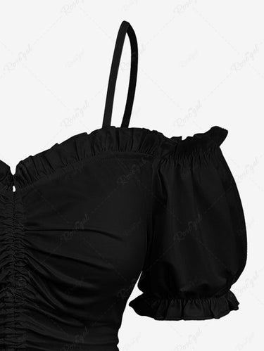 Gothic Plus Size Cold Shoulder Puff Sleeves Cinched Solid Cami Top