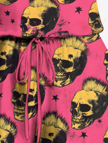 Gothic Plus Size Rock Skull Stars Print Drawstring Pocket Romper