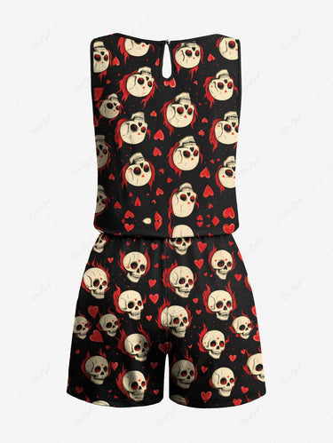 Gothic Plus Size Skull Heart Print Drawstring Pocket Romper