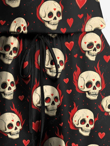 Gothic Plus Size Skull Heart Print Drawstring Pocket Romper