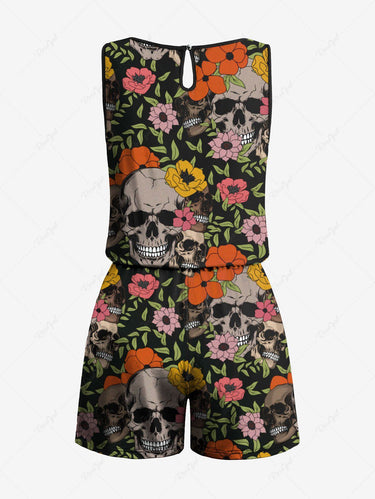 Gothic Plus Size Skull Colorful Floral Leaves Print Drawstring Pocket Romper