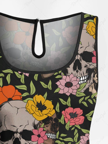 Gothic Plus Size Skull Colorful Floral Leaves Print Drawstring Pocket Romper