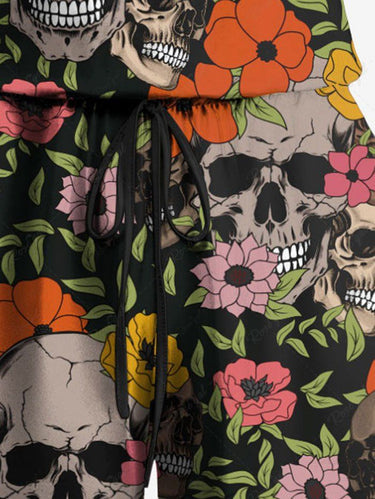 Gothic Plus Size Skull Colorful Floral Leaves Print Drawstring Pocket Romper