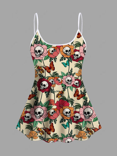 Skull Floral Butterfly Bee Print Boyleg Tankini Swimsuit (Adjustable Shoulder Strap)