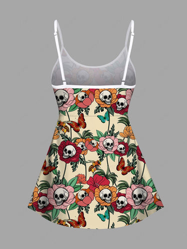 Skull Floral Butterfly Bee Print Boyleg Tankini Swimsuit (Adjustable Shoulder Strap)
