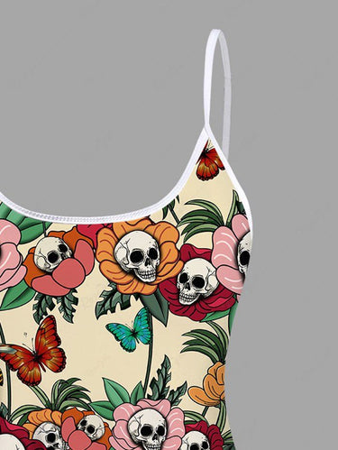 Skull Floral Butterfly Bee Print Boyleg Tankini Swimsuit (Adjustable Shoulder Strap)