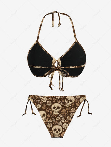 Gothic Skull Floral Printed Cinched O-Ring Halter Backless Tied Bikini Set