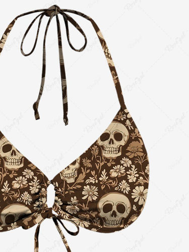 Gothic Skull Floral Printed Cinched O-Ring Halter Backless Tied Bikini Set