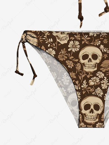 Gothic Skull Floral Printed Cinched O-Ring Halter Backless Tied Bikini Set
