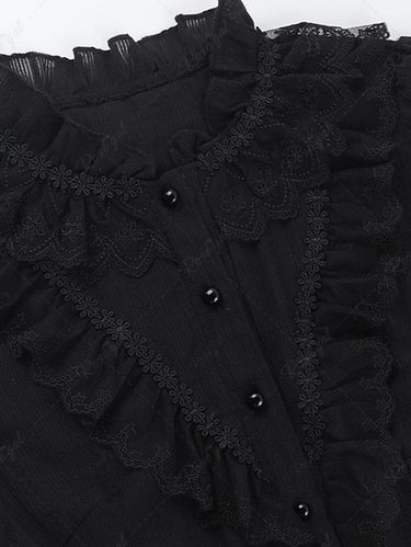 Gothic 100% Cotton Jacquard Textured Ruffles Full Buttons Blouse