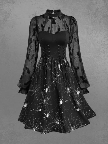 Gothic Spider Web Print Lace-up Bat Flocking Lace Patchwork Long Sleeves A Line Dress